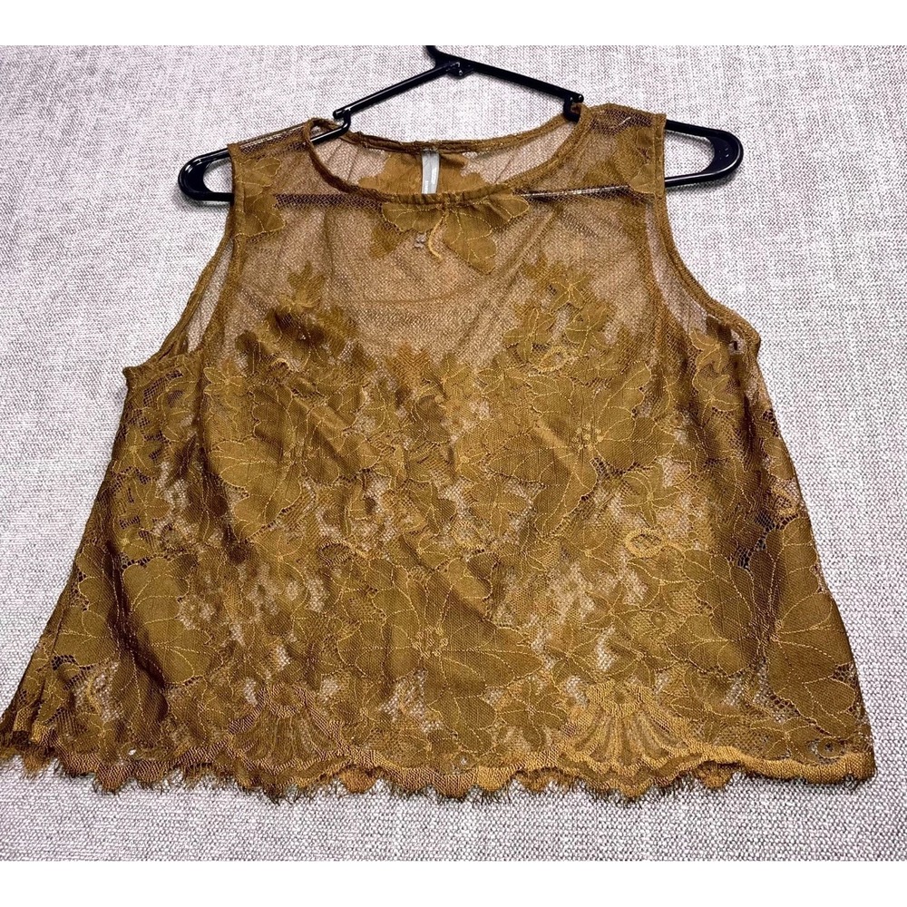 Anthropologie Crop Top Women Small Brown Floral Sheer Lace Round Neck Sleeveless